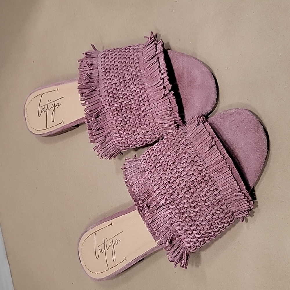 Latigo Mauve/Dusty Rose “Sofie Fringed Slide” Sandal, Anthropologie, EUC, Size 6